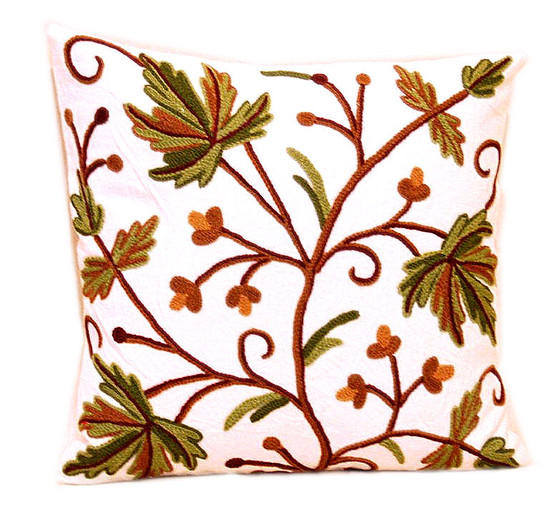 Crewel Cushions Embroidered Cotton Throw Pillows "Autumn Maple", Multicolor #CW321