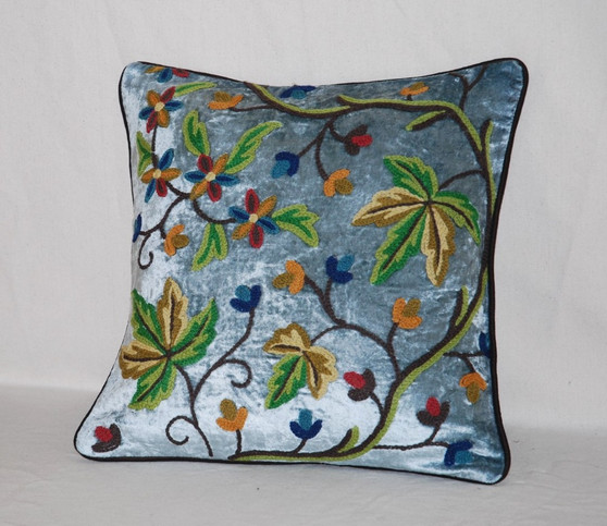 Crewel Ethnic Embroidered Velvet Cushion Throw Pillow "Maple" Teal, Multicolor #CW512