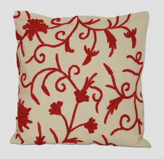 Kashmiri Ethnic "Aari" Embroidered Throw Pillow Cushion Cover "Jacobean", Red on Beige #CW342