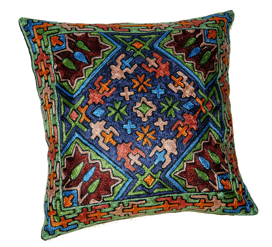 Crewel "Aari" Embroidered Silk Throw Pillow Cushion Cover, Multicolor #CW2017