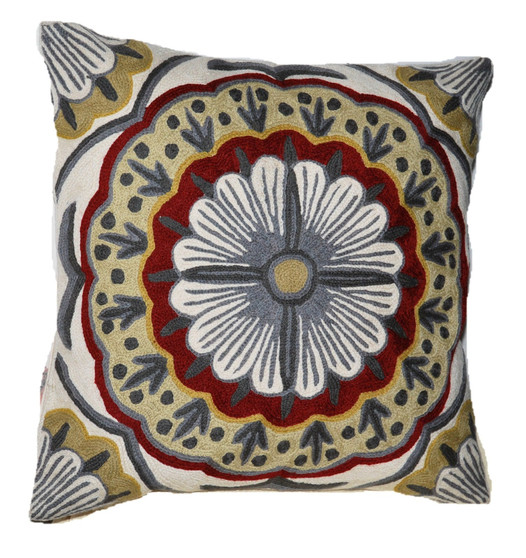Ethnic "Aari" Embroidered Crewel Wool Pillowcase Cushion Cover, Multicolor #CW1007