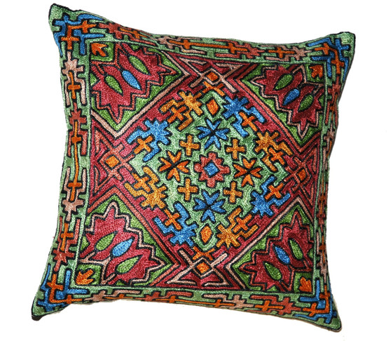 Kashmiri Ethnic "Aari" Embroidered Crewel Silk Pillowcase Cushion Cover, Multicolor #CW2015