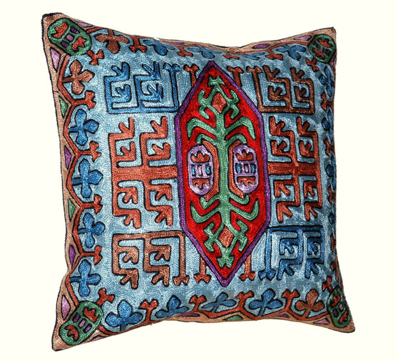 Crewel "Aari" Embroidered Silk Pillowcase Cushion Cover, Multicolor #CW2014