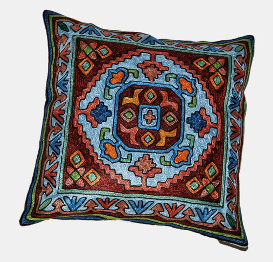 Crewel Hand Embroidered Silk Pillowcase Cushion Cover, Multicolor #CW2010