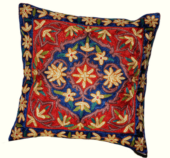 Ethnic Kashmiri Embroidered Crewel Silk Pillowcase Cushion Cover, Multicolor #CW2009