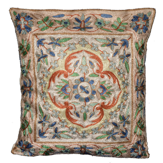 Crewel Ethnic "Aari" Embroidered Silk Pillowcase Cushion Cover, Multicolor #CW2003