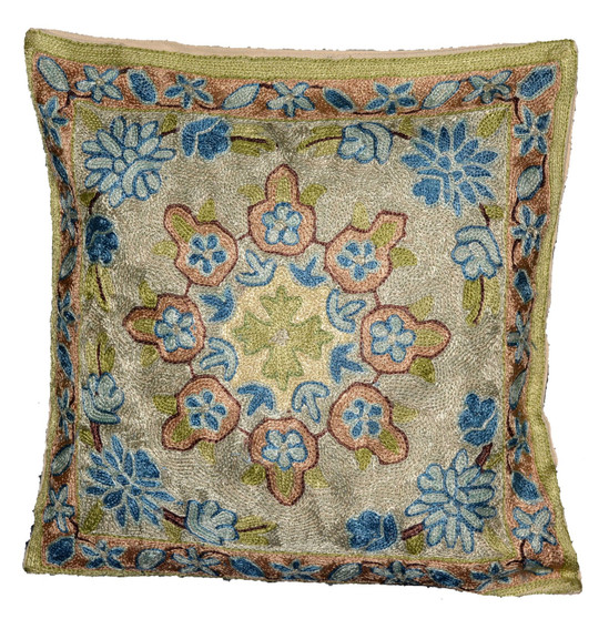 Ethnic Kashmiri Embroidered Crewel Silk Pillowcase Cushion Cover, Multicolor #CW2004