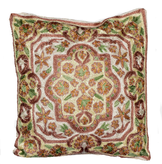 Crewel "Aari" Embroidered Silk Throw Pillow  Cushion Cover, Multicolor #CW2006