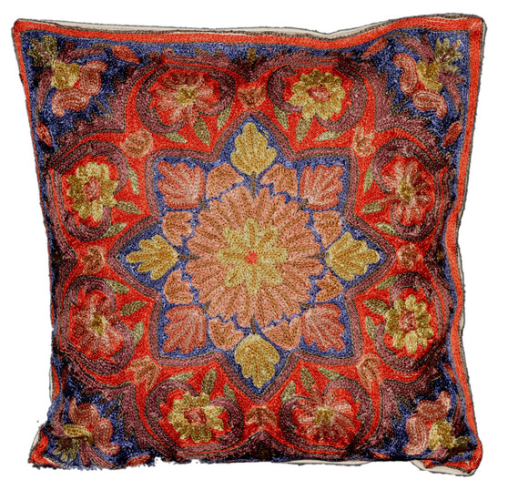 Crewel Hand Embroidered Silk Pillowcase Cushion Cover, Multicolor #CW2008