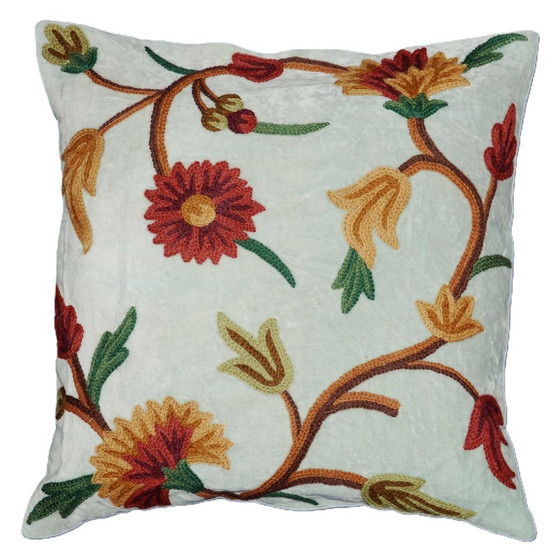 Crewel Embroidered Velvet Pillow Cushion Cover Green, Multicolor #CW506