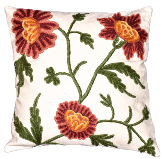 Crewel Pillows Embroidered Cotton Cushion Cover Floral, Multicolor #CW206