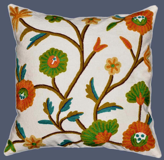 Crewel "Aari" Embroidered Throw Pillow Cushion Cover, Multicolor #CW203