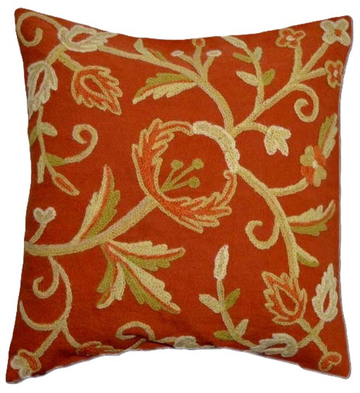 Cotton Crewel Embroidered Pillow Cushion Cover Rust, Multicolor #CW238