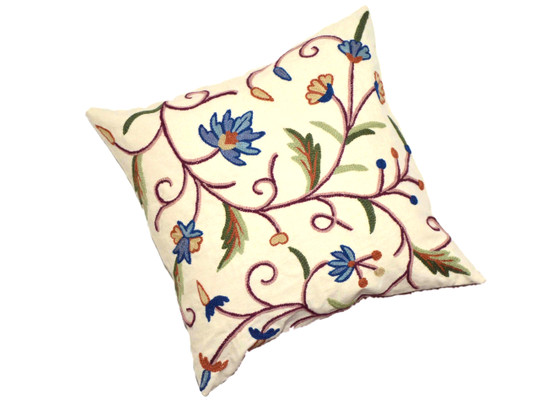 Crewel Cushions Embroidered Cotton Throw Pillows Cream, Multicolor #CW320