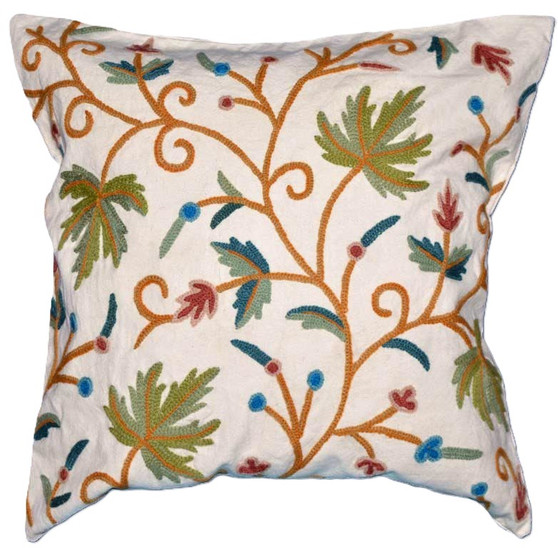 Cotton Crewel Embroidered Pillow Cushion Cover "Maple", Multicolor #CW308