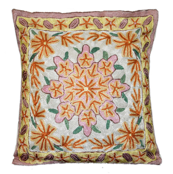 Crewel "Aari" Embroidered Sillk Throw Pillow Cushion Cover, Multicolor #CW2007