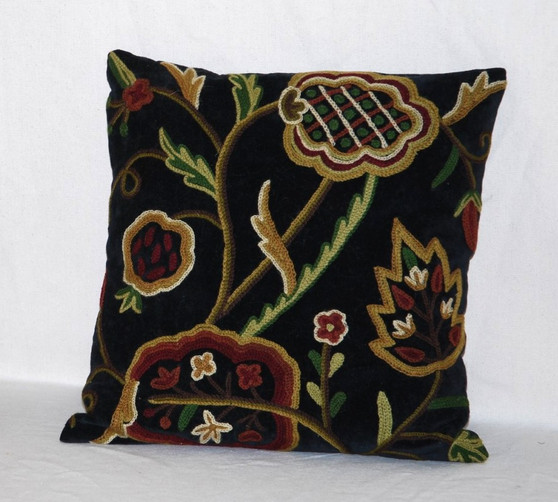 Crewel Embroidered Velvet Cushion Throw Pillow "Watlab" Black, Multicolor #CW501