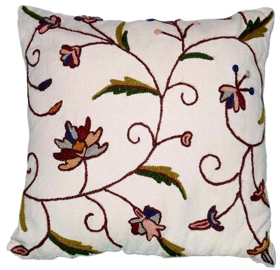 Cotton Crewel Pillow Cushion Cover "Jacobean", Multicolor #CW301
