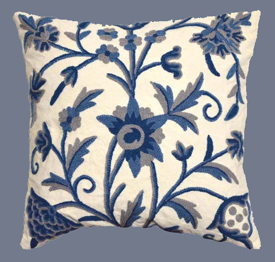 Cotton Crewel Pillow Cushion Cover "Tree of Life", Blue on White #CW402