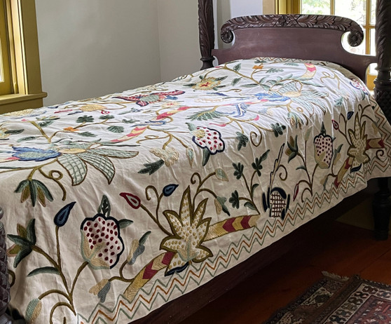 Cotton Crewel Embroidered Bedspread Off-White, Multicolor #FLR1354