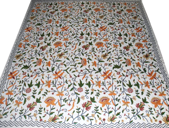 Cotton Crewel Embroidered Bedspread Off-White, Multicolor #FLR1106