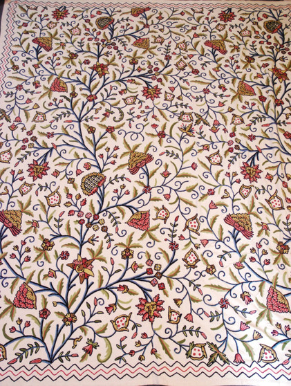 Crewel Bedspread "Tree of Life" Off-White, Multicolor Embroidery Kingsize #DDR1102