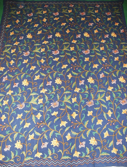 Cotton Crewel Embroidered Bedspread Navy Blue, Multicolor #FLR1205