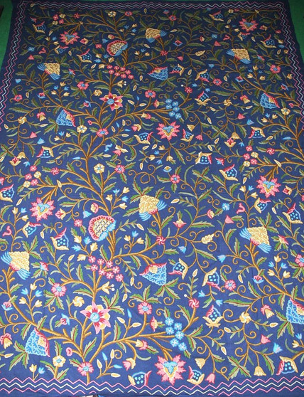 Cotton Crewel Embroidered Bedspread "Tree of Life" Navy Blue, Multicolor #DDR1204