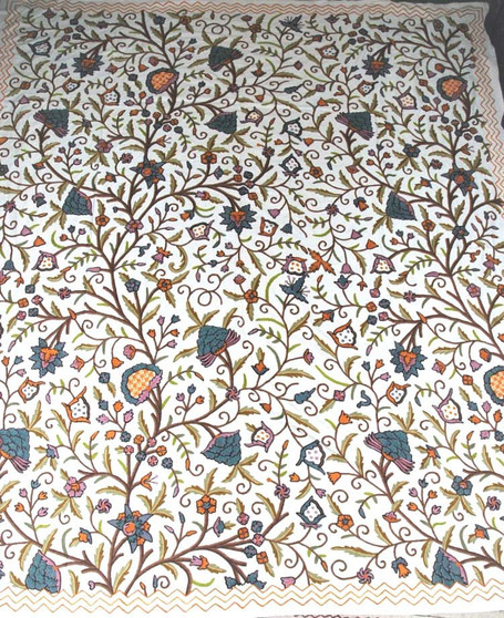 Cotton Crewel Embroidered Bedspread "Tree of Life" Off-White, Multicolor #DDR1206
