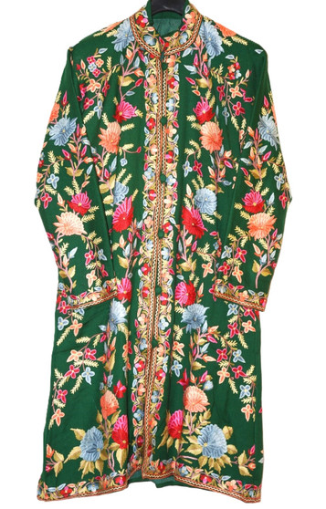 Ethnic Kashmiri Embroidered Woolen Coat Long Jacket Green, Multicolor #AO-174
