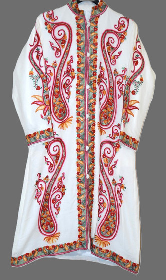 Crewel "Aari" Embroidered Woolen Coat White, Multicolor #AO-179