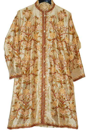 Kashmiri Ethnic Embroidered Silk Coat Long Jacket Gold, Multicolor #AO-329
