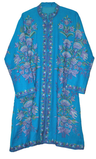 Crewel "Aari" Embroidered Woolen Coat Blue, Purple #AO-172
