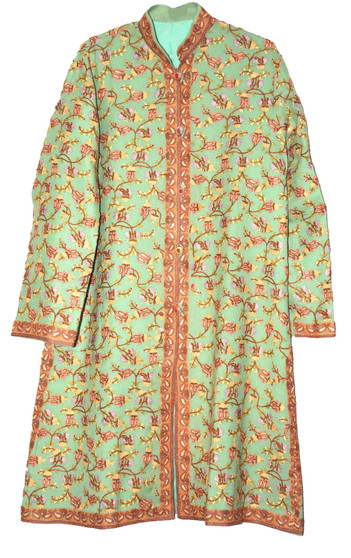 Kashmiri Hand Embroidered Woolen Coat Long Jacket Green, Multicolor #AO-166