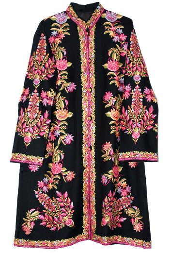 Crewel Ethnic Embroidered Kashmiri Woolen Coat Black, Multicolor #AO-164