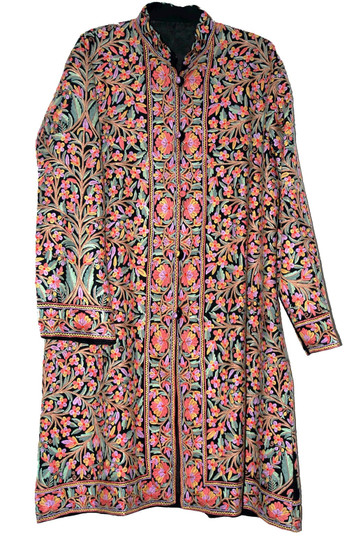 Kashmiri "Aari" Embroidered "Jamawar" Coat Woolen Long Jacket Black, Multicolor #JM-114