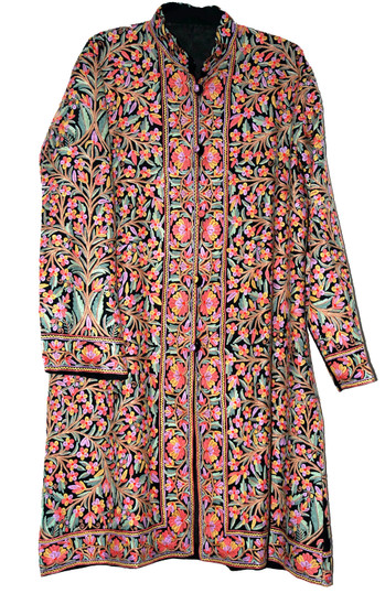 Kashmir "Jamawar" Woolen Duster Coat Black, Multicolor Embroidery #JM-114