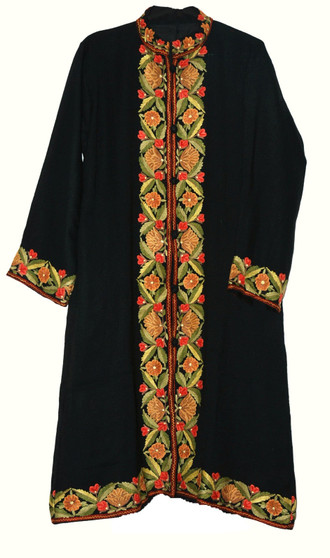 Kashmiri Hand Embroidered Woolen Coat Long Jacket Black, Multicolor #BD-125