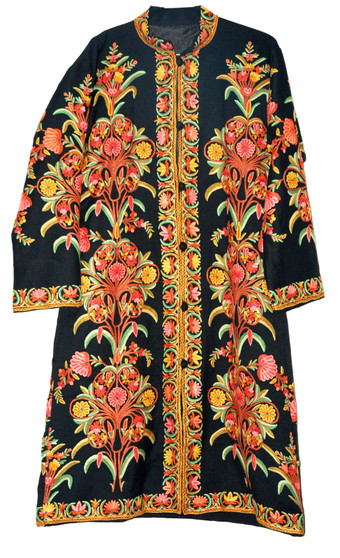 Crewel Ethnic Embroidered Kashmiri Woolen Coat Black, Multicolor #AO-146