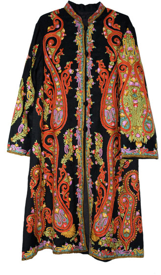 Kashmiri Hand Embroidered Woolen Coat Black, Multicolor #AO-1602