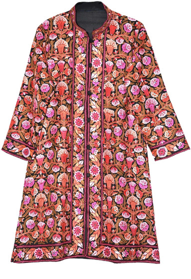 Kashmiri Hand Embroidered "Jamawar" Coat Woolen Long Jacket Black, Multicolor #JM-112