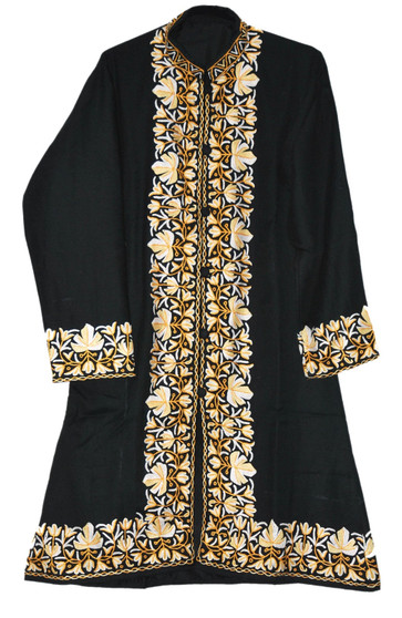 Kashmiri Hand Embroidered Woolen Coat Long Jacket Black, Multicolor #BD-120
