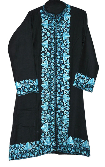Crewel "Aari" Embroidered Woolen Coat Long Jacket Black, Blue #BD-118