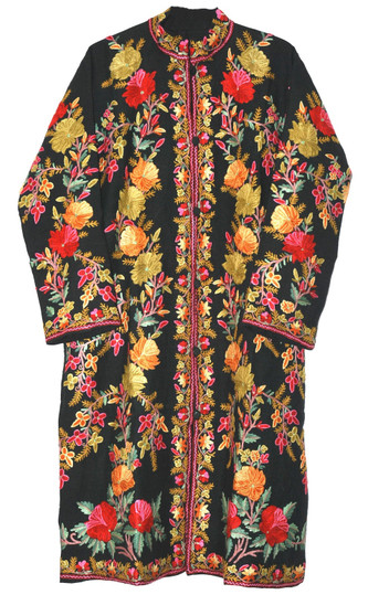 Woolen Coat Long Jacket Black, Multicolor Embroidery #AO-612