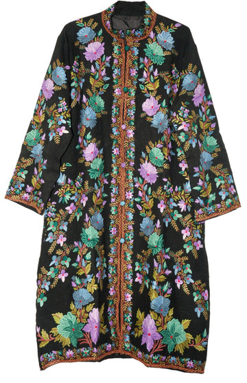 Kashmiri "Aari" Embroidered Linen Coat Long Jacket Black, Multicolor #AO-611