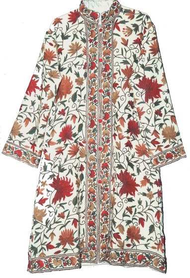 Kashmiri Crewel Embroidered Woolen Coat Off-White, Multicolor #AO-157