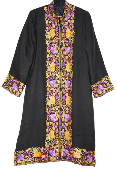 Kashmiri Ethnic Embroidered Woolen Coat Long Jacket Black, Multicolor #BD-114