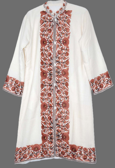 Crewel Kashmiri Embroidered Woolen Coat Long Jacket White, Brown #BD-111