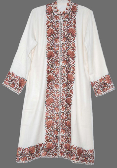 Crewel Hand Embroidered Woolen Coat Long Jacket White, Brown #BD-110