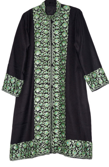 Crewel "Aari" Embroidered Woolen Coat Long Jacket Black, Multicolor #BD-108